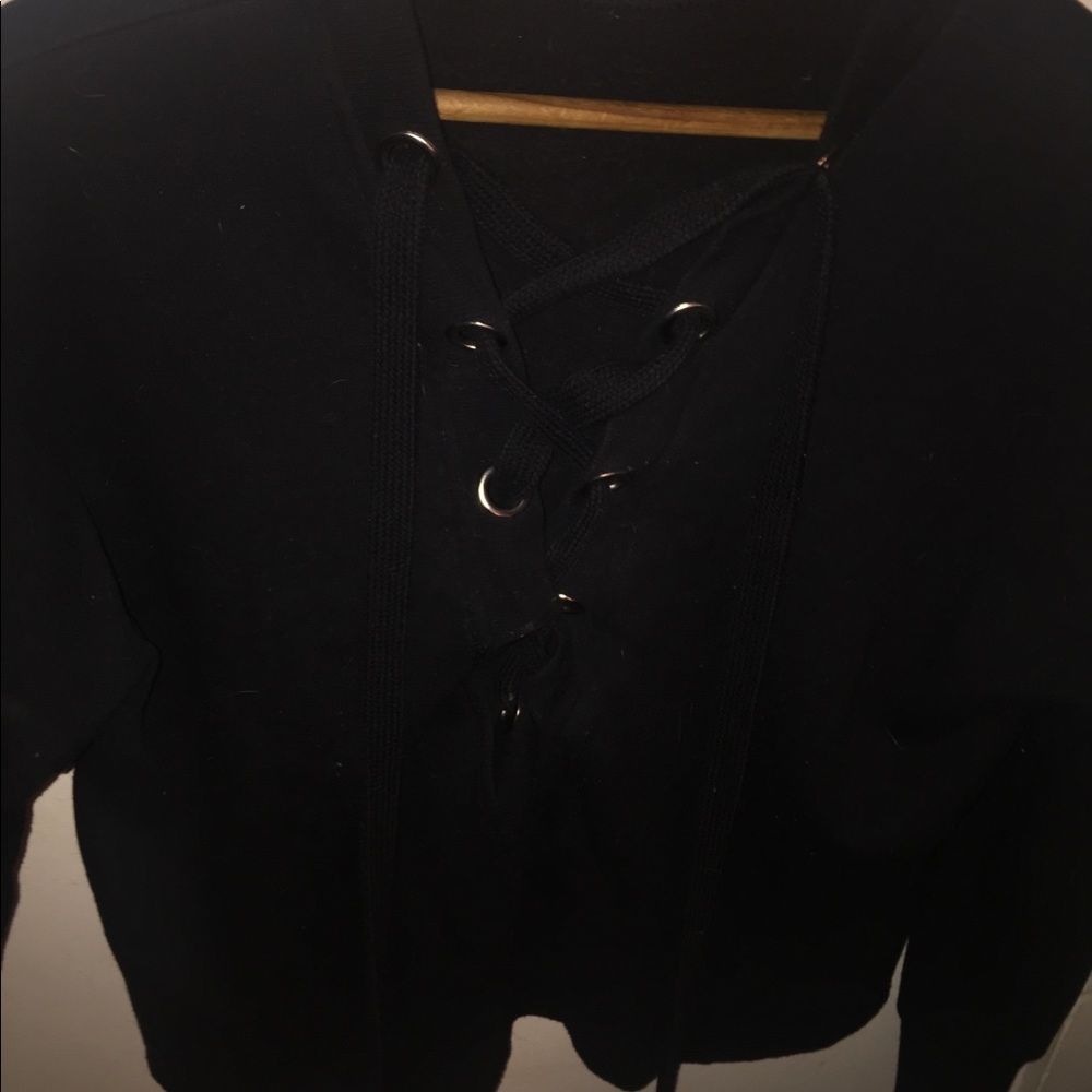 Black cropped lace up top